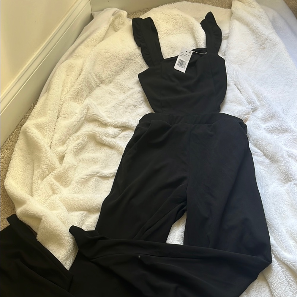 Ruffle Sleeve, Open Back Black Pantsuit